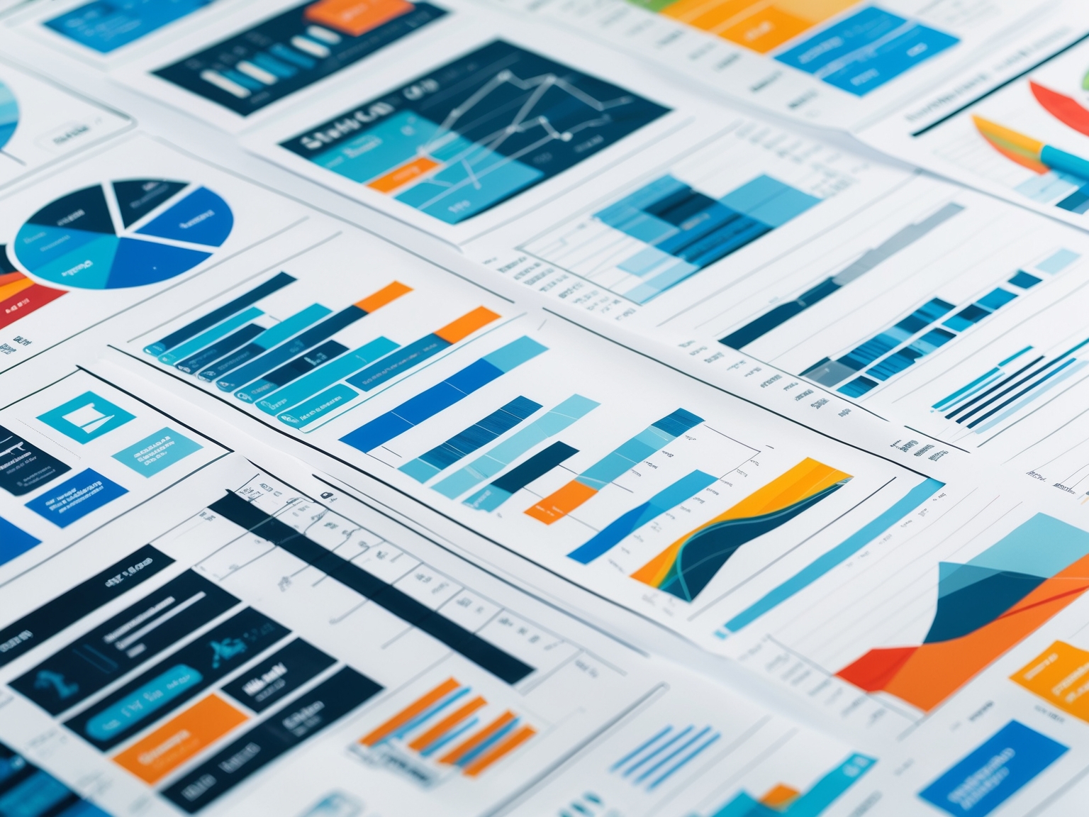 Close-up of various data charts and graphs printed on paper