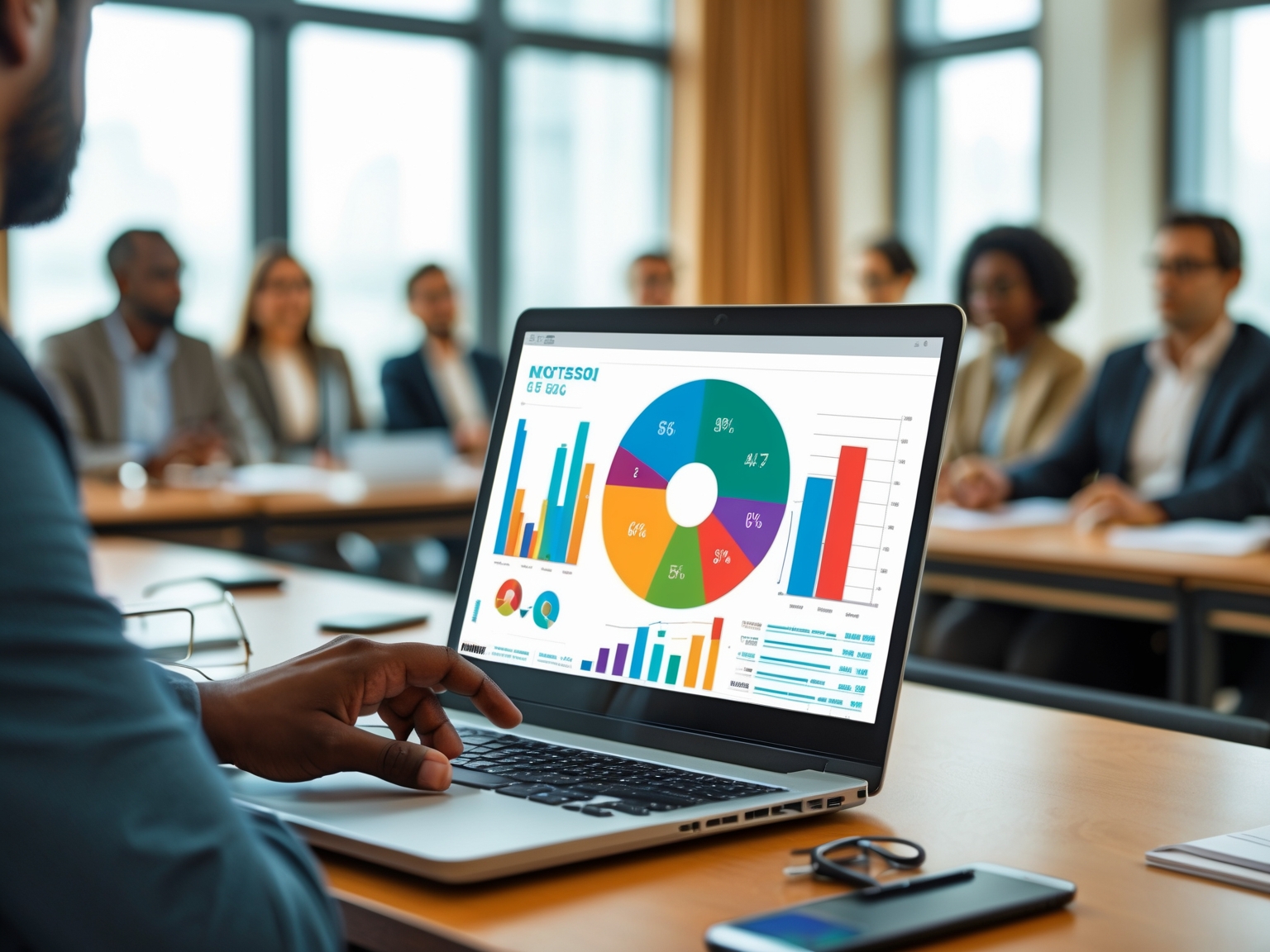 Person presenting colorful data charts on a laptop to an audience in a meeting room