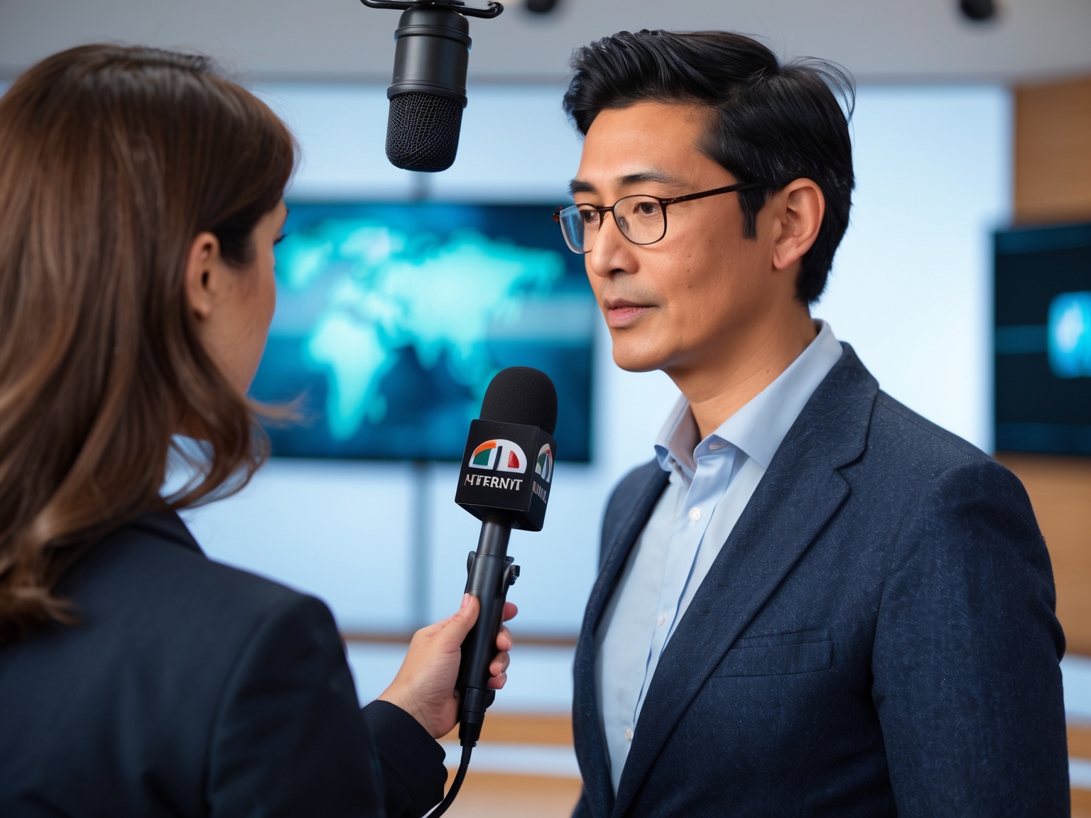 Person being interviewed by a journalist with microphone in a studio