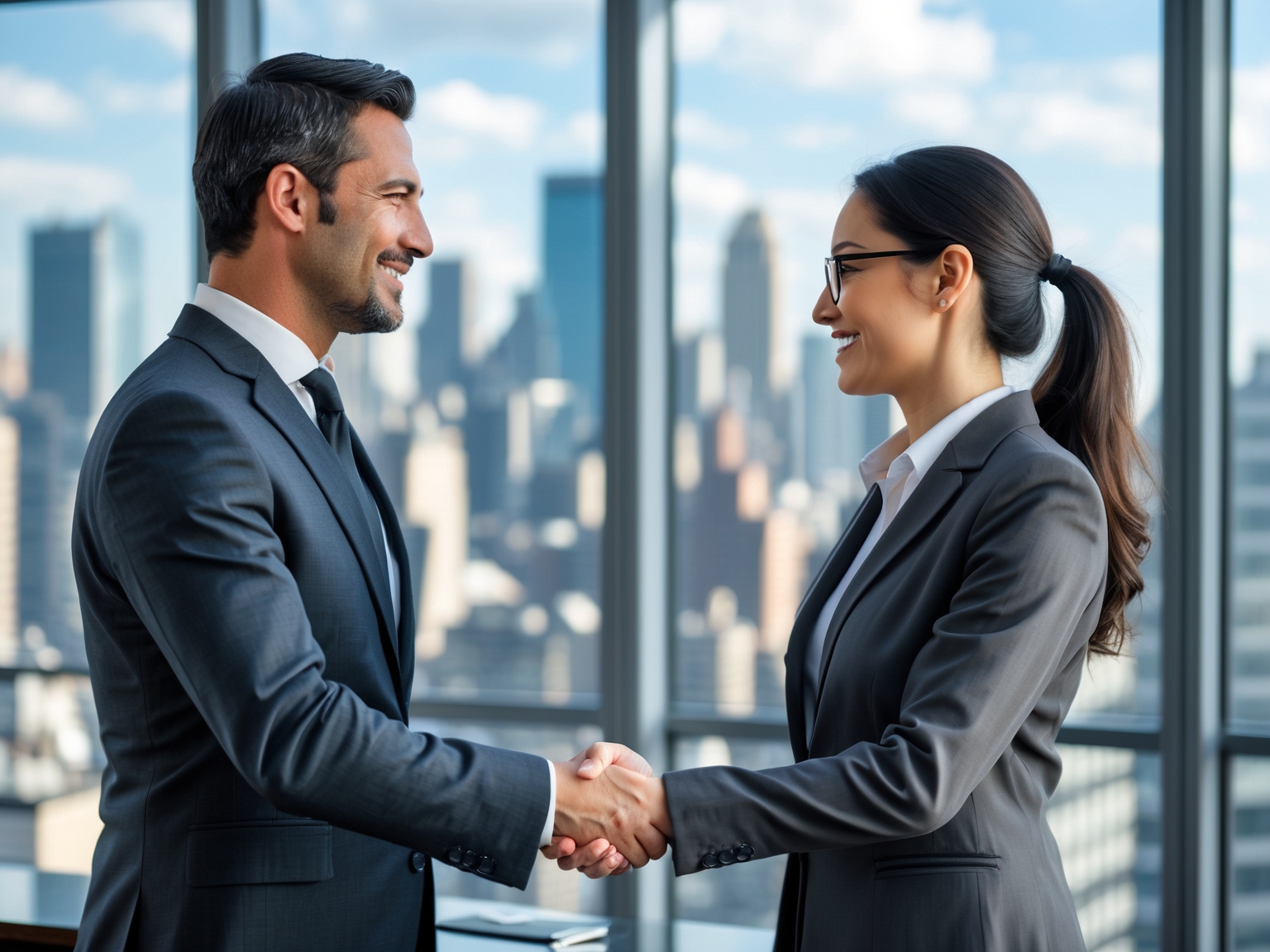 Two professionals shaking hands in a sleek office setting with city skyline in background