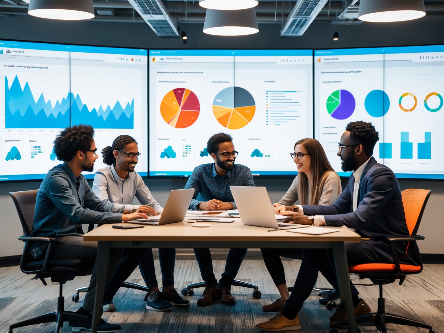 Diverse team collaborating in a modern office with data visualizations on large screens