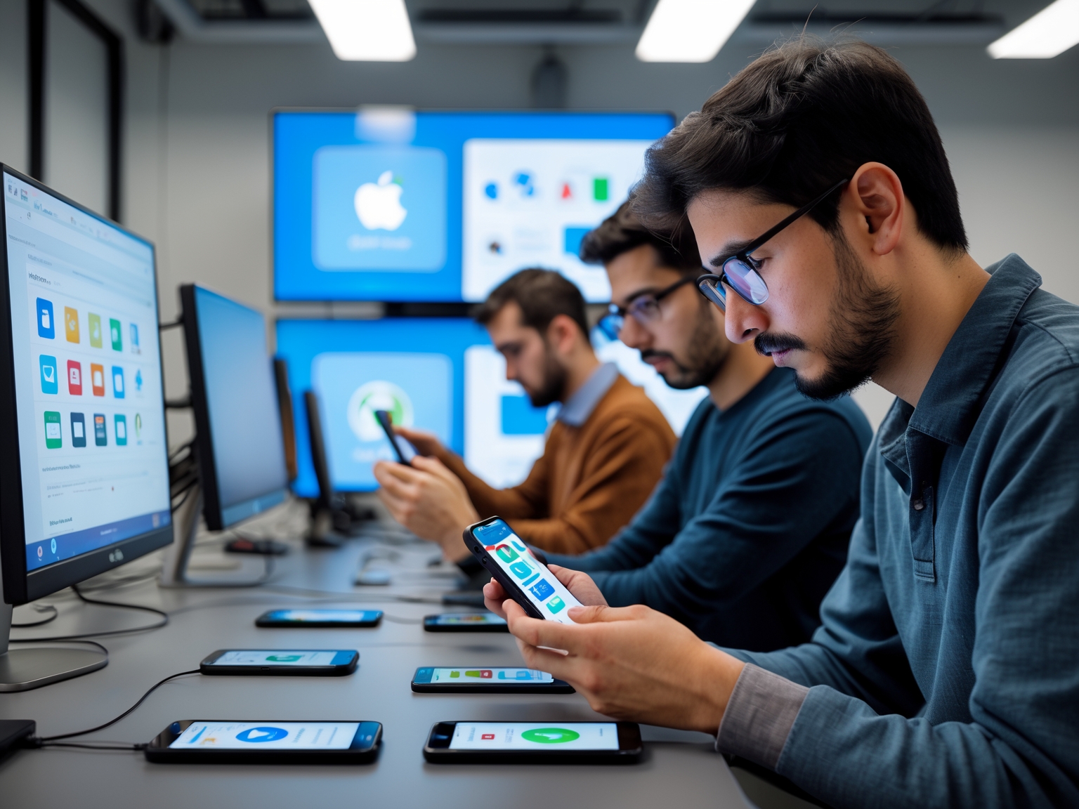 Individuals testing mobile apps on devices in a lab environment with monitors