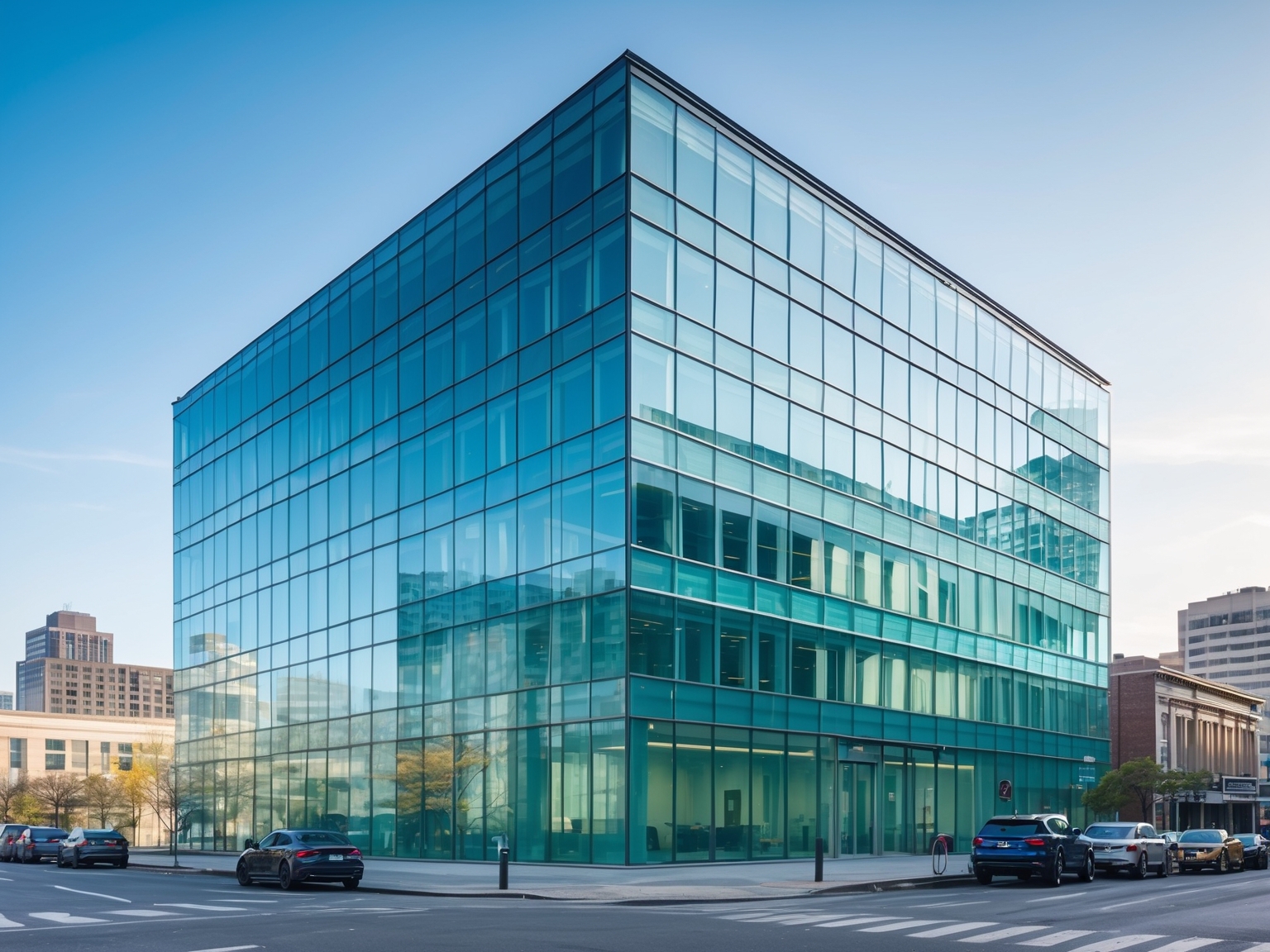 Exterior view of a modern glass office building in an urban area