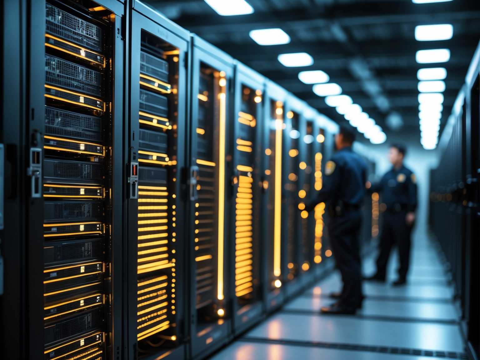 Rows of servers in a data center with glowing lights and security personnel