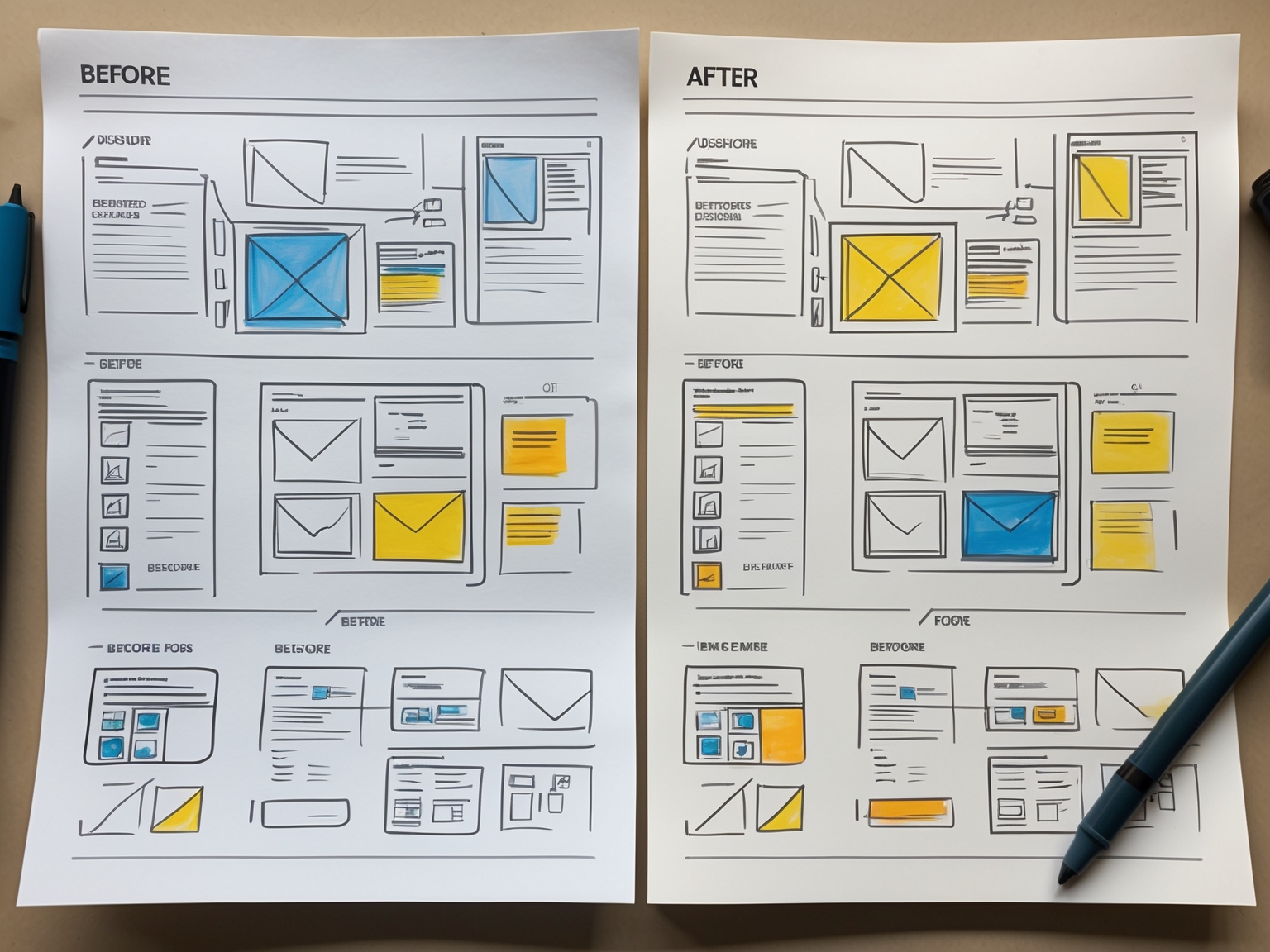 Before and after comparison of user interface designs on paper sketches