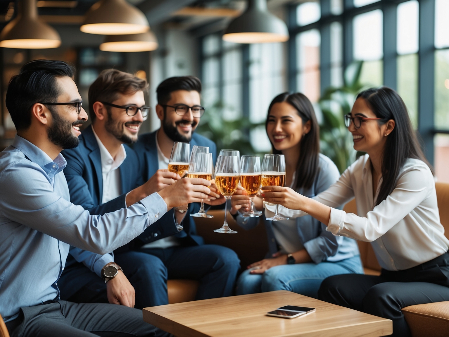 Team celebrating success with clinking glasses in a casual office lounge