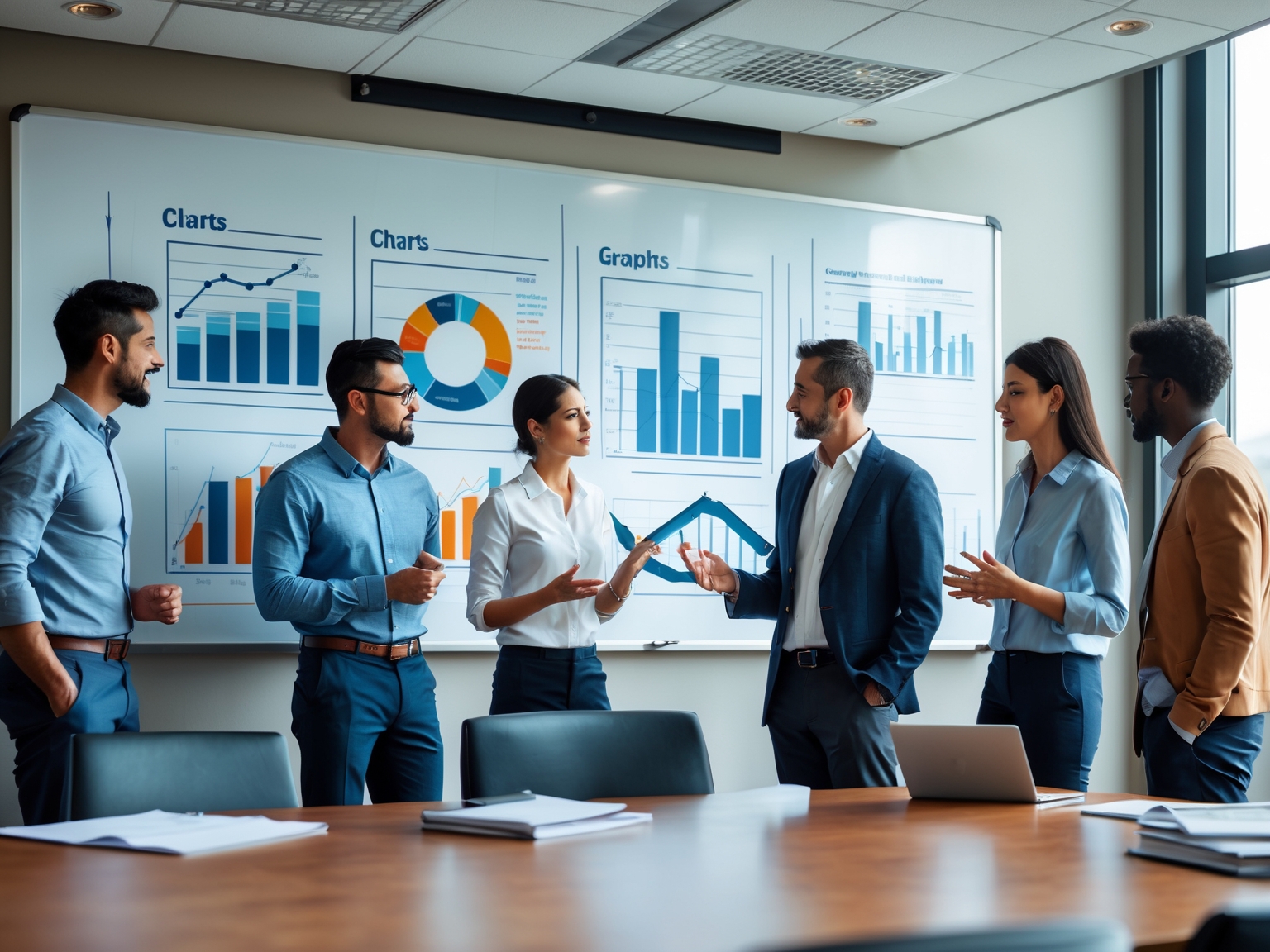 Group of people in a conference room discussing charts and graphs on a whiteboard