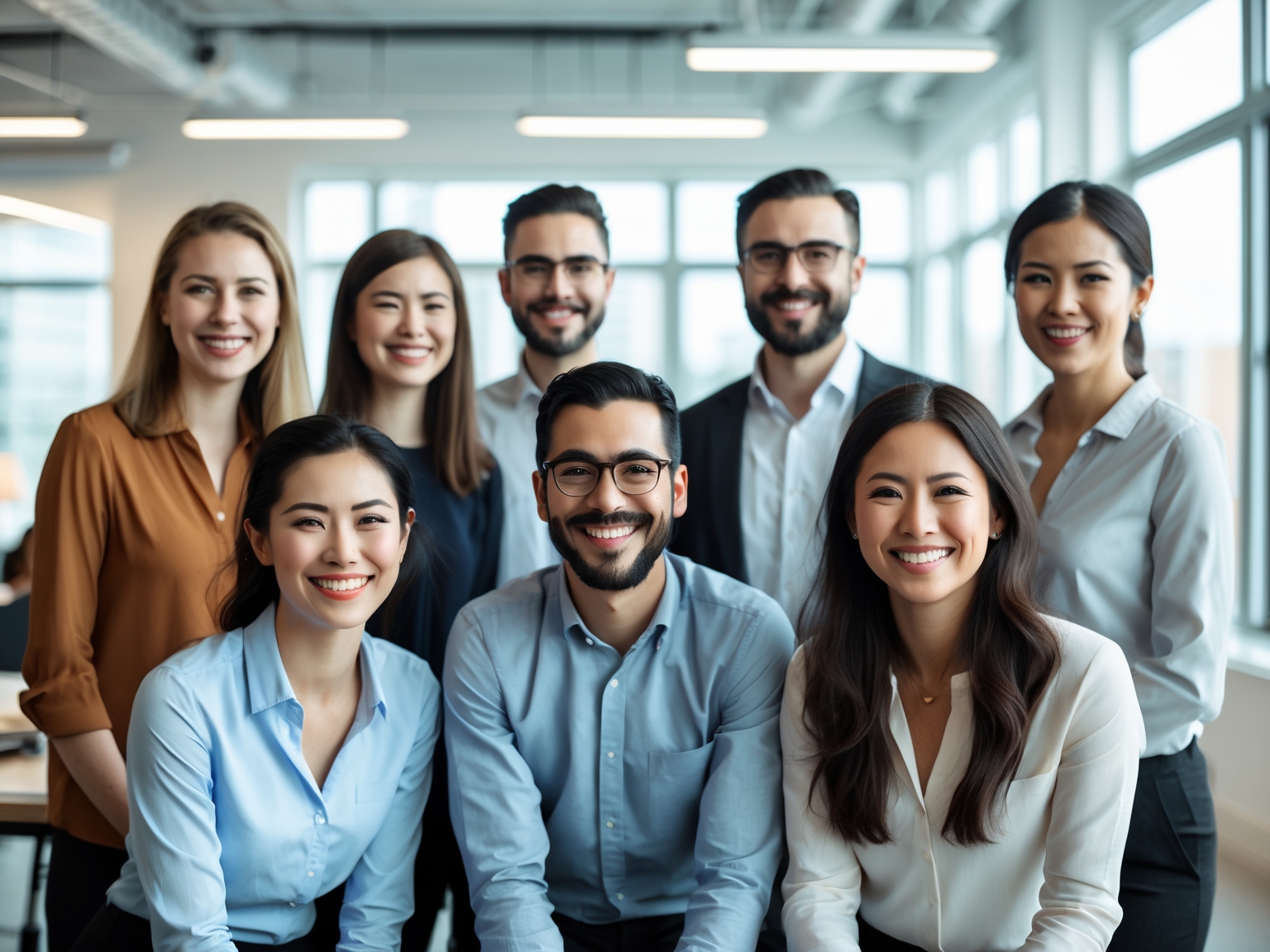 Group photo of smiling professionals in a bright office space